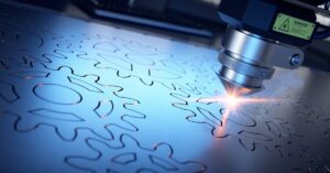 laser cutter close up, cutting gears in a steel sheet.