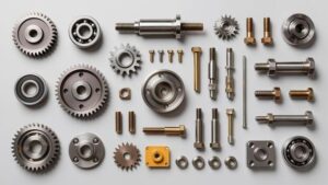 various metal parts laid out on a flat surface for business in metallurgy industry photo